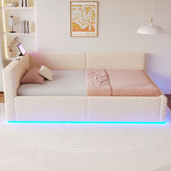 Verhoiltu sänky 90x200, yhden hengen, LED-valoilla, USB-C, 2xUSB, pehmeä selkänoja L, sametti, hydraulinen, beige, ilman mattoa