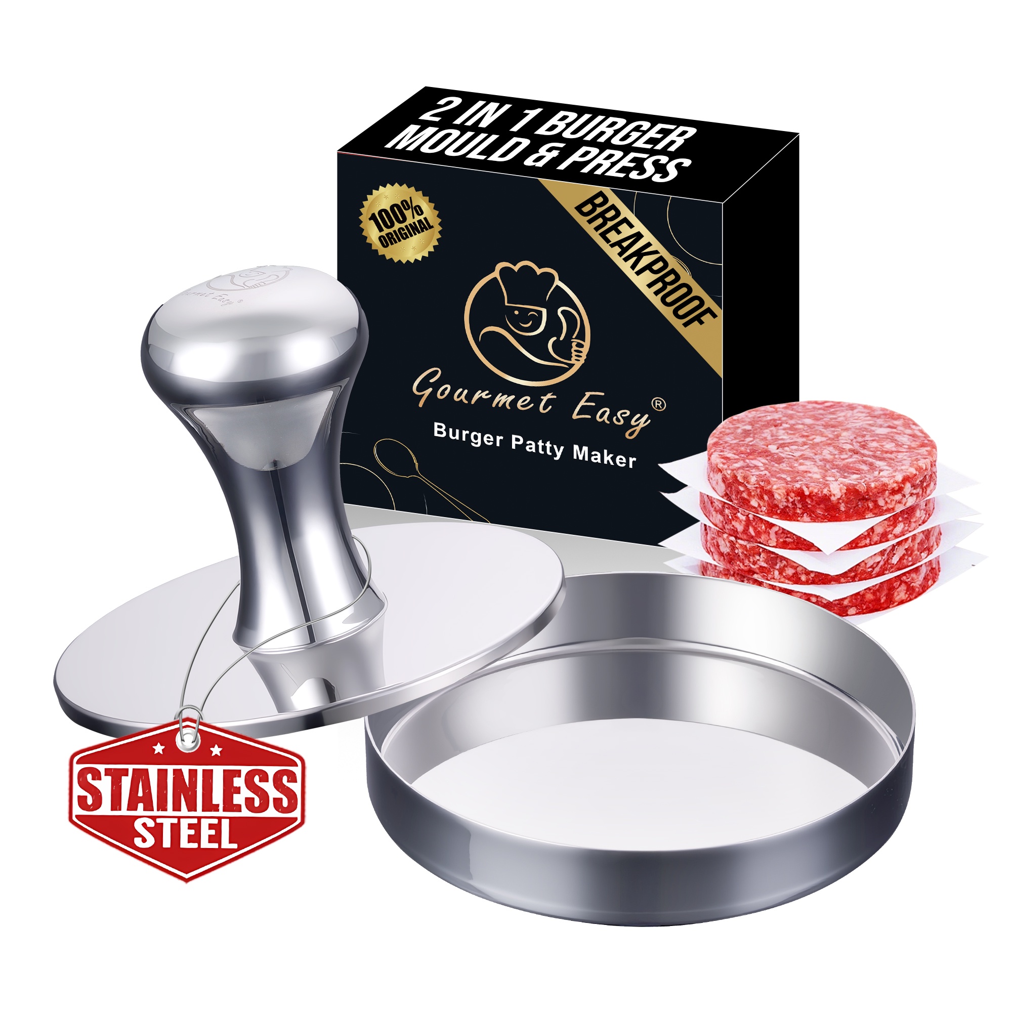 Gourmet Easy 2-IN-1 Smash Burger Press & Patty Maker, ruostumattomasta teräksestä valmistettu hampurilainen, Bonus Patty Liner
