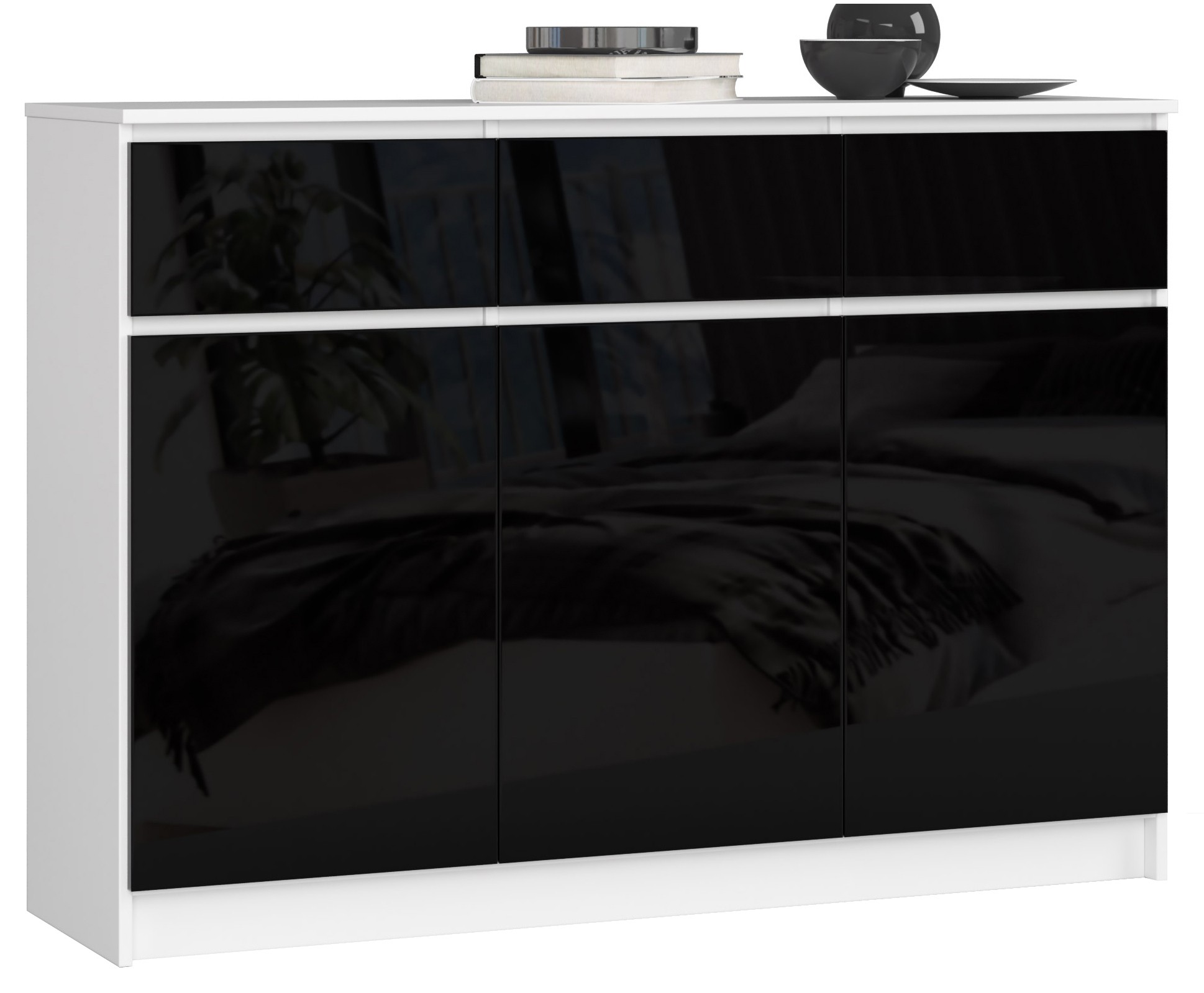 Akord Lipasto 3 Ovet 3 Laatikkoa Valkoinen/Musta Korkeakiilto 138x40x99
