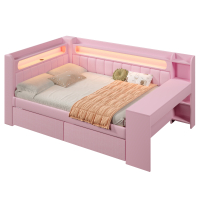 Vuodesohva 140x200, USB- ja LED-valoilla, työpöytä ja 2 laatikkoa, pinkki