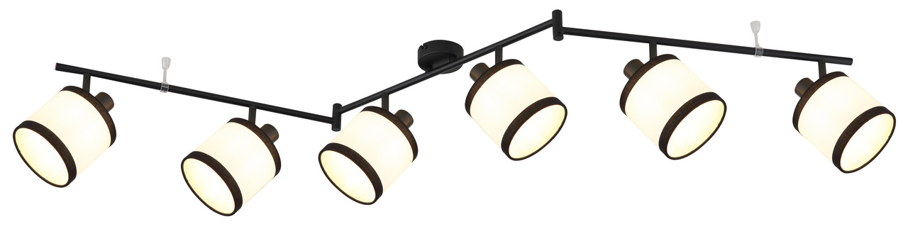 NETTLIFE kattokohdevalaisin, 6 lamppua, musta retrotyyli, tekstiilivarjostin, E14-kannat, 350° kääntyvä. Ei sisällä polttimoita
