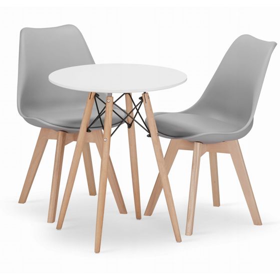 TODI pyöreä pöytä 60 cm, valkoinen, 2 MARK-tuolia, harmaa