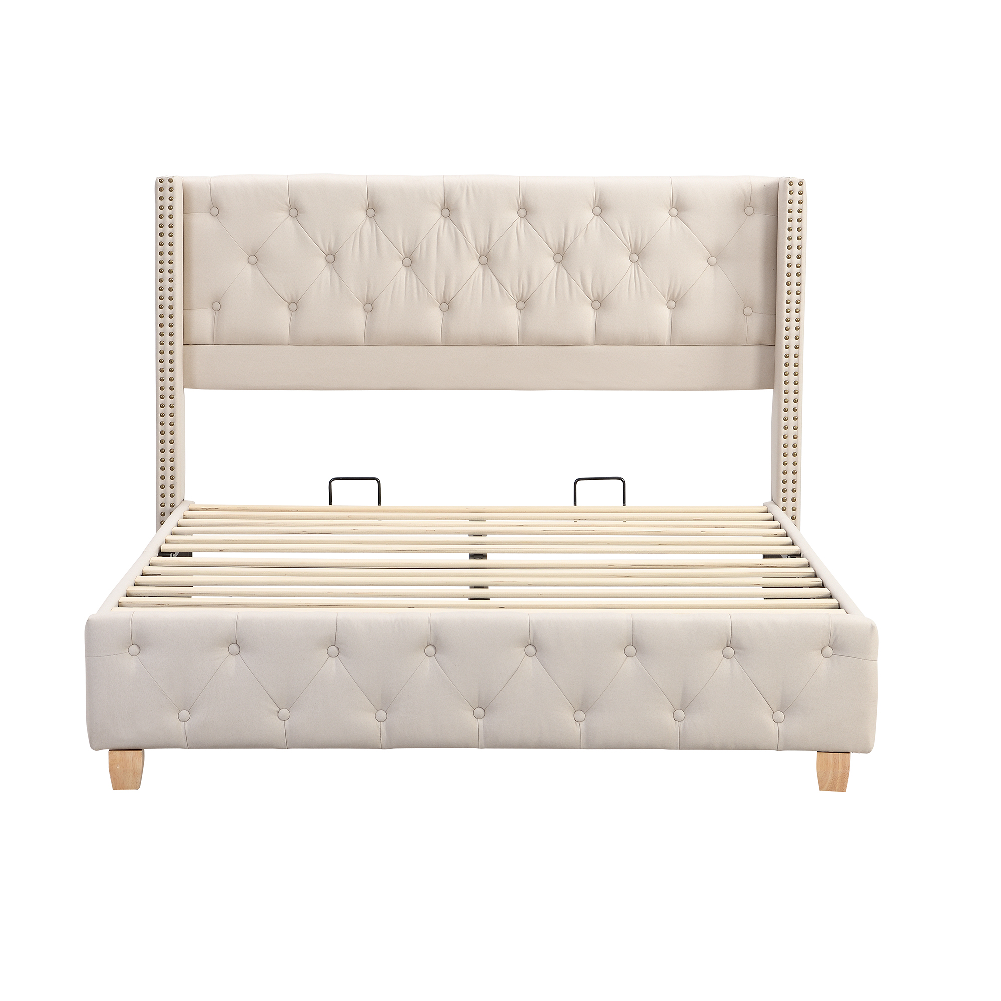 Verhoiltu Sänky 160 x 200 cm, Pellavanbeige, Napit + Niitit + Puiset Jalat