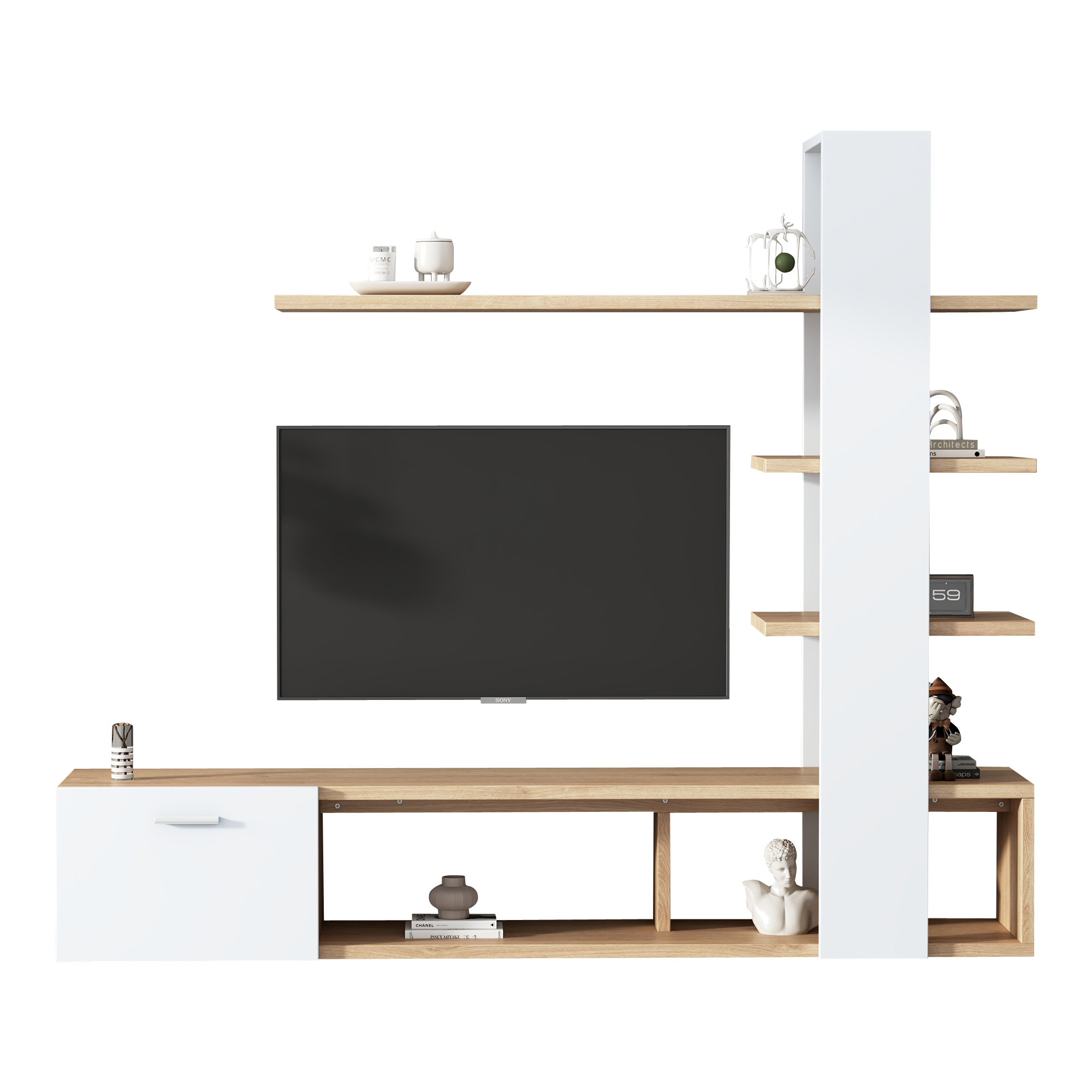 TV-taso 180x33,5x151,5 cm valkoinen lastulevy säilytyksellä ja avohyllyillä