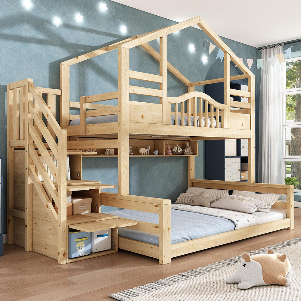 Talosänky 90x200 (yläpeti) ja 140x200 (alapeti), portaikkokaapilla, vaalean luonnonvärinen