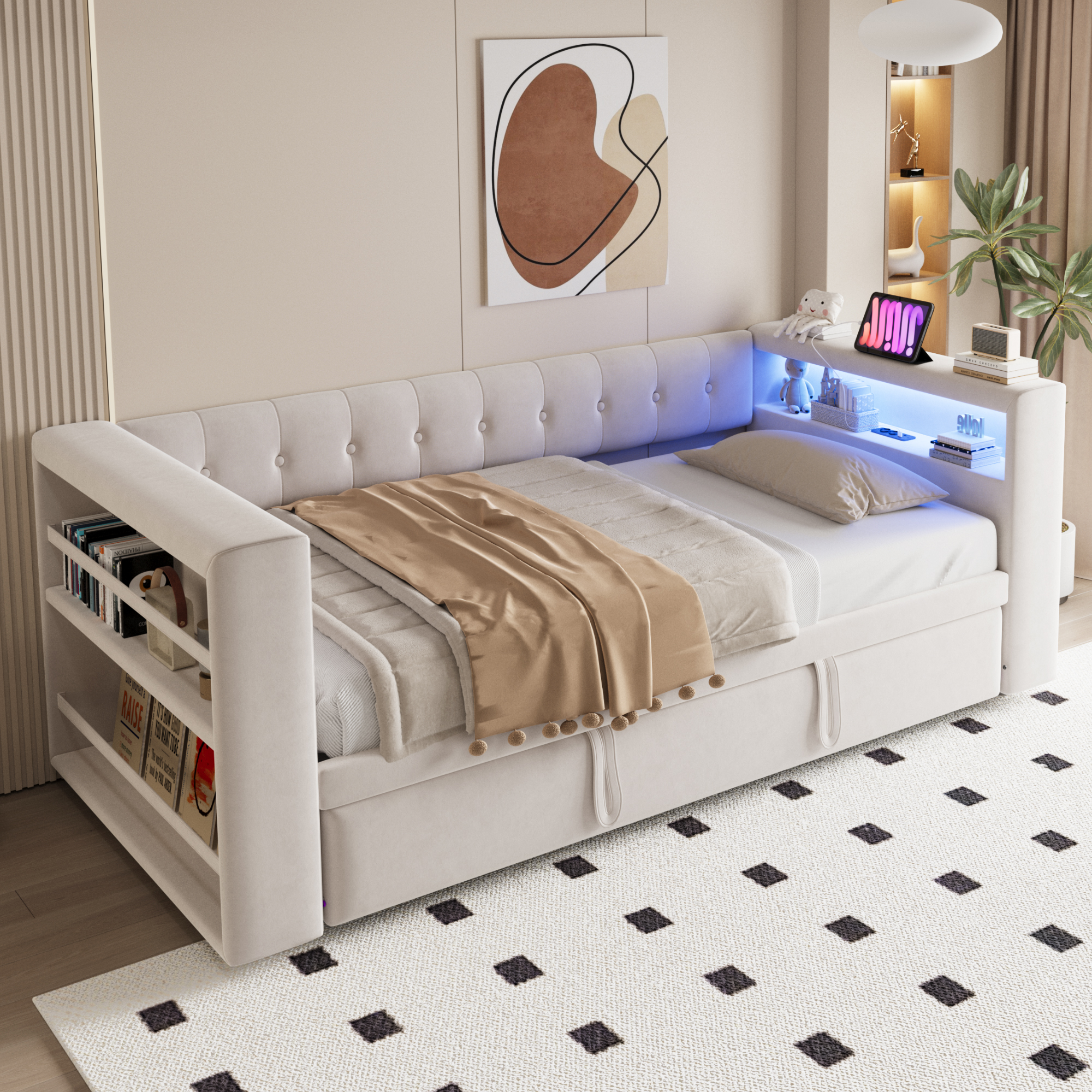 Verhoiltu parisänky 90/180x190, LED-valoilla, pistorasioilla ja säilytystilalla, beige