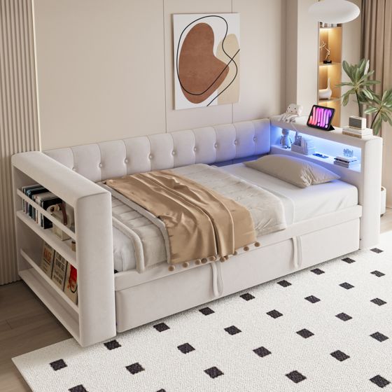 Verhoiltu parisänky 90/180x190, LED-valoilla, pistorasioilla ja säilytystilalla, beige