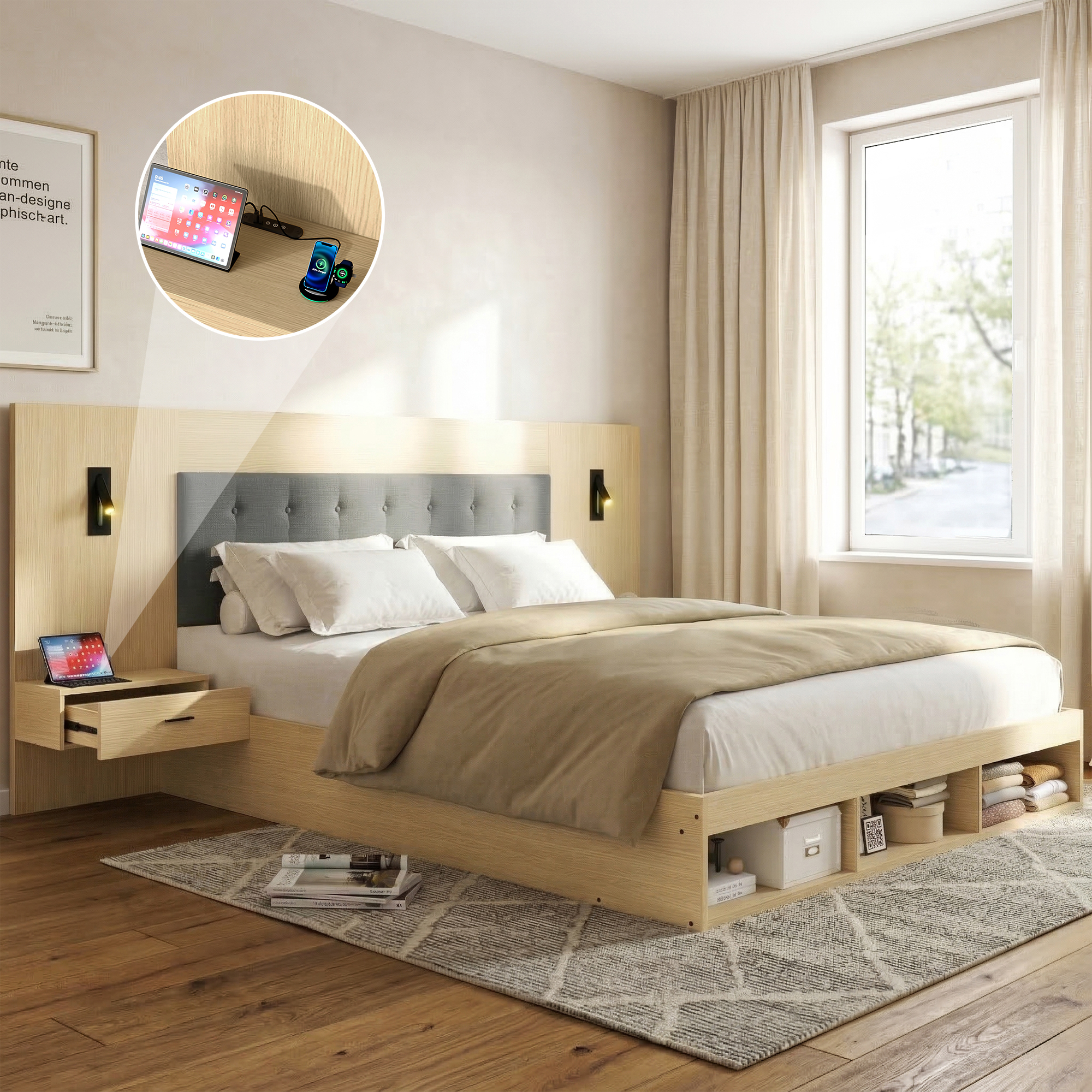 Parisänky 160x200, säilytystilaa, puinen, USB-C:llä ja lukulampulla, 2 yöpöytää, vaalea tammi