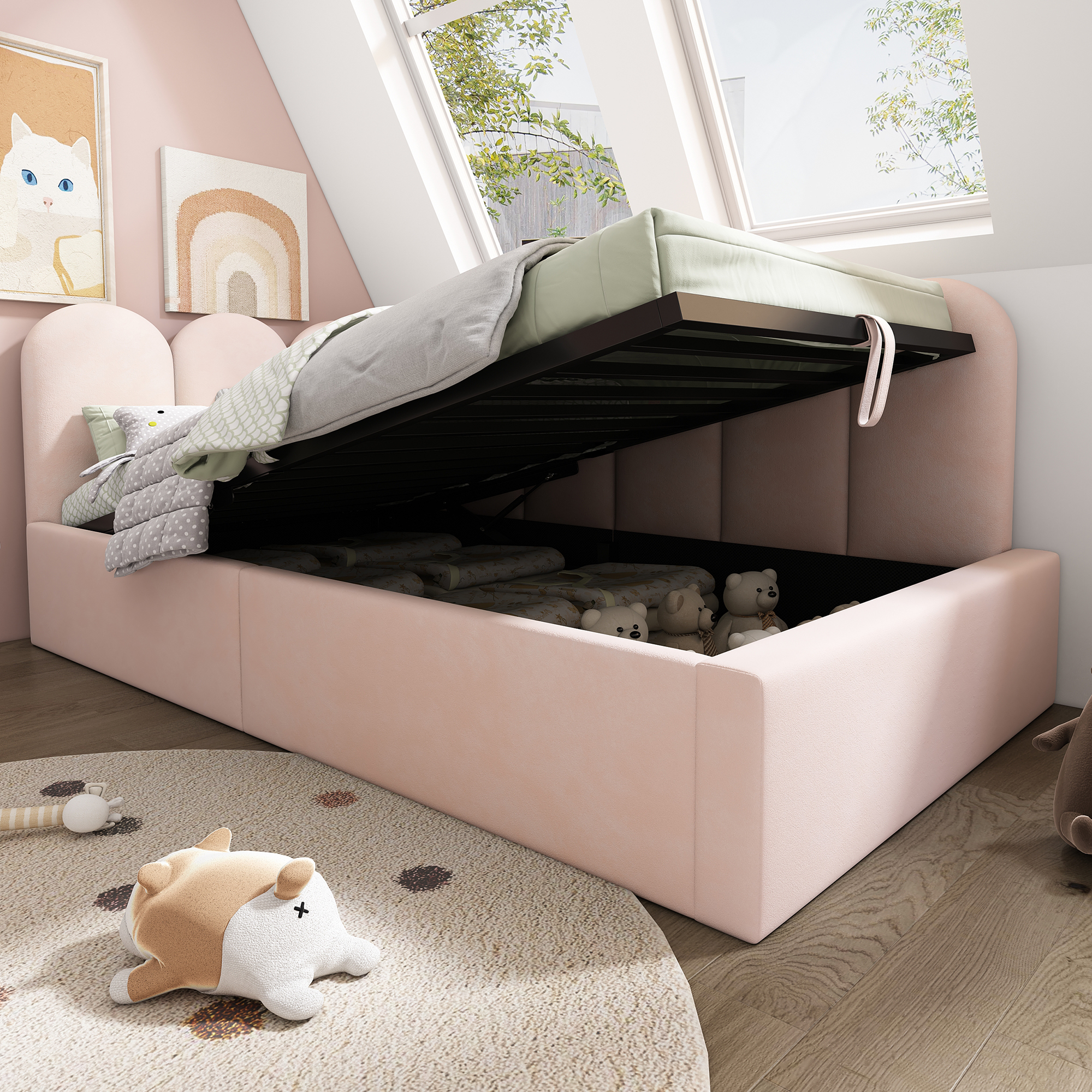 Verhoiltu Sänky 90 x 190 cm, Pinkki Sametti, Hydraulinen + Säilytys