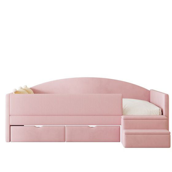 Yhden hengen kokoontaitettava sänky 90x190, kahdella laatikolla ja kiskoilla, askelmat, samettia, pinkki, ilman mattoja