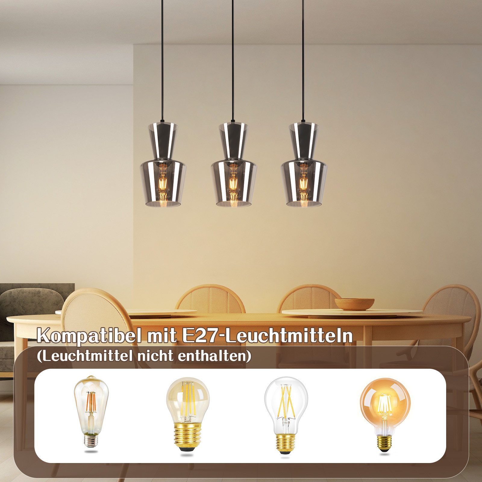 NETTLIFE Vintage, savunharmaa lasinen ruokapöydän riippuvalaisin, E27, olohuoneeseen tai keittiöön