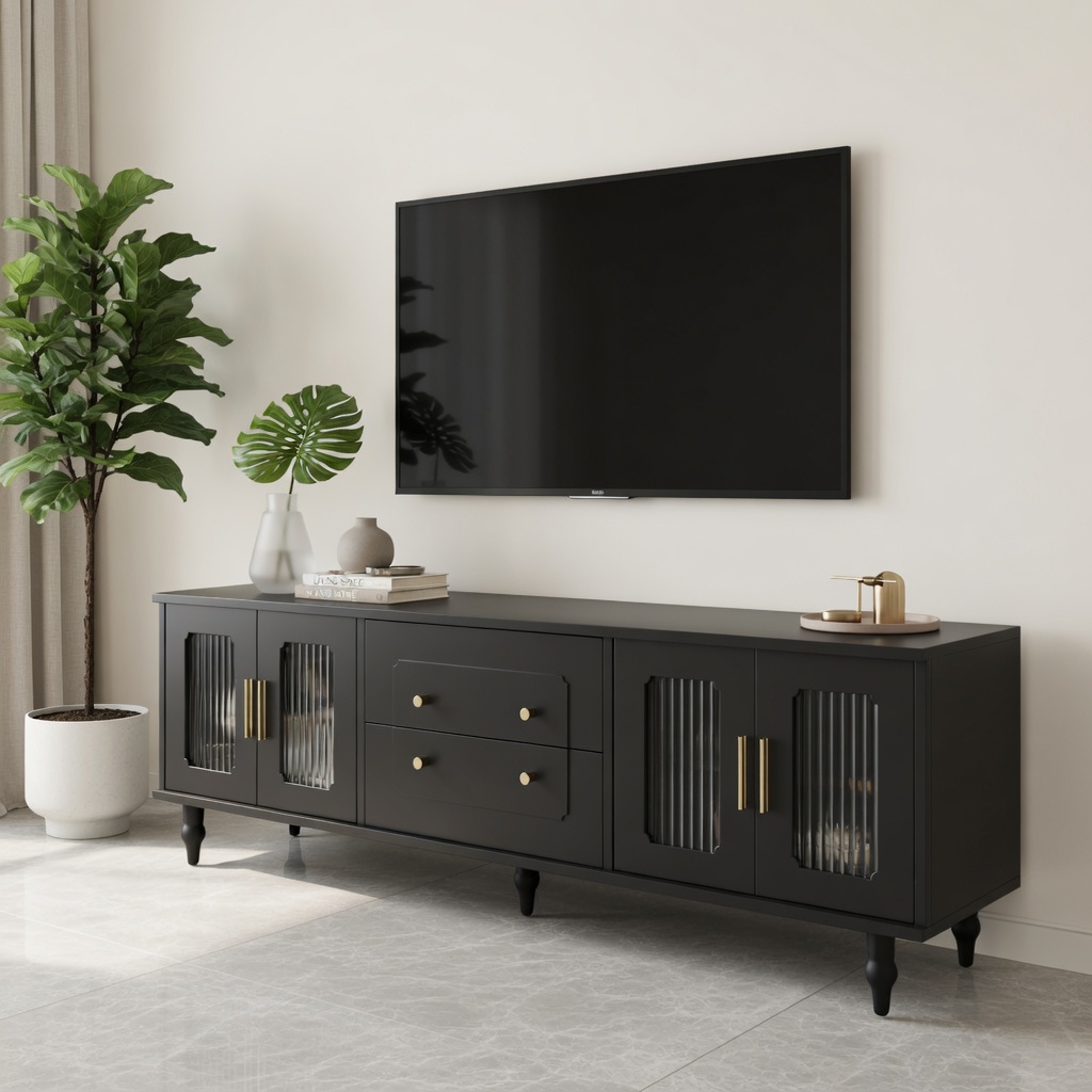 TV-taso säilytyksellä 175x38x55,5 cm musta lastulevy liukuovilla ja metallijalat