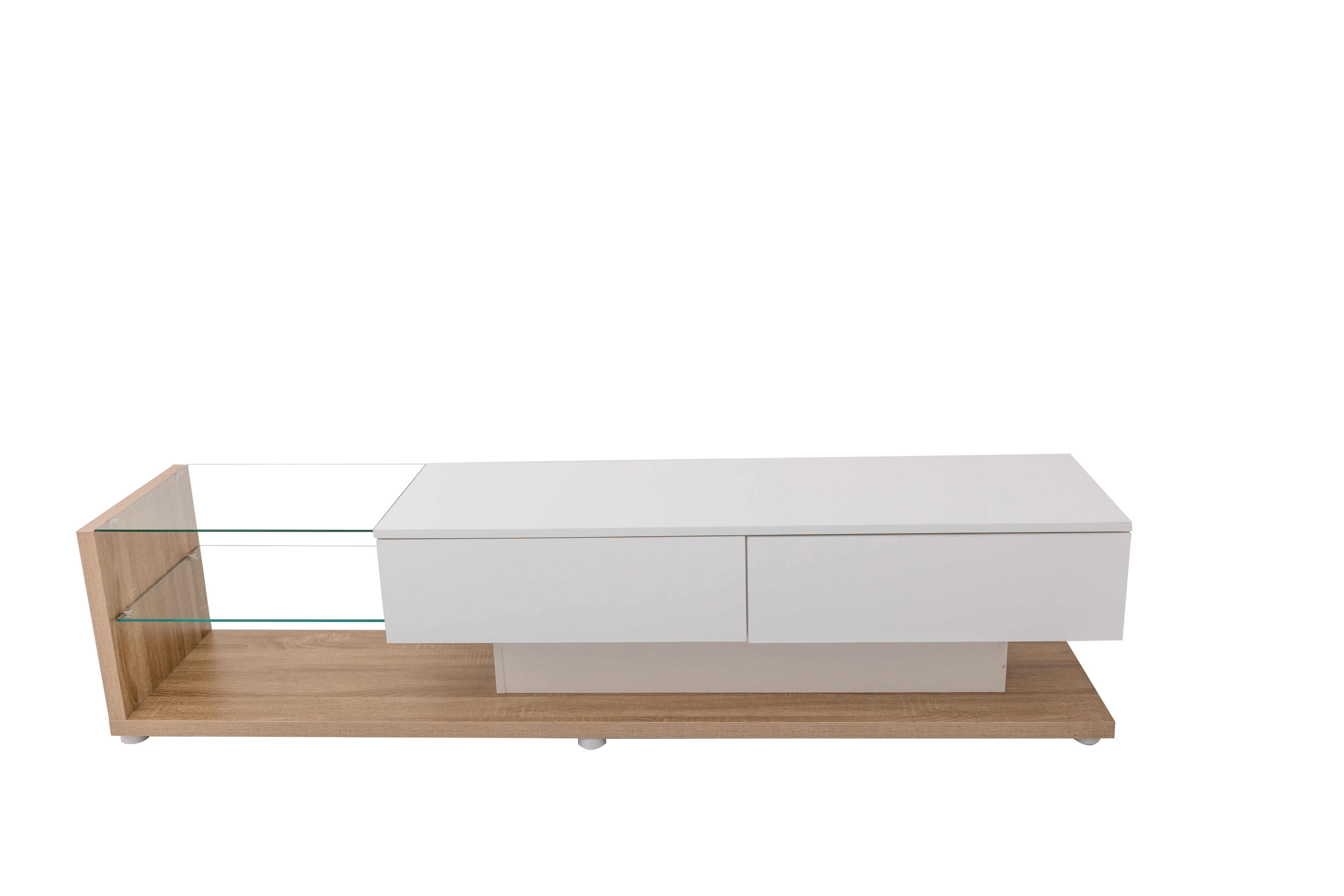 TV-taso 170x36x38 cm valkoinen lastulevy säilytyksellä ja lasihyllyillä