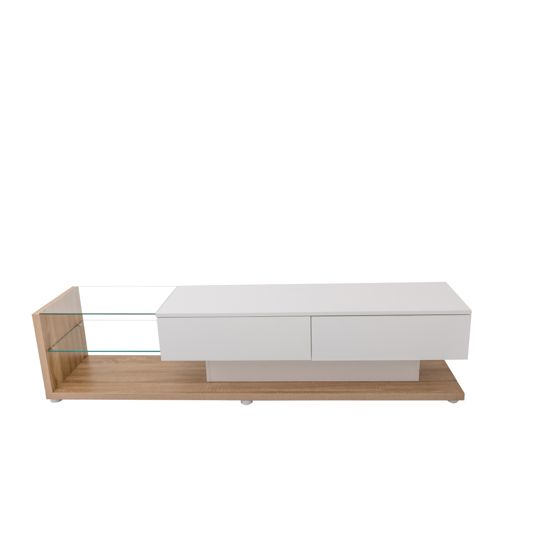 TV-taso 170x36x38 cm valkoinen lastulevy säilytyksellä ja lasihyllyillä