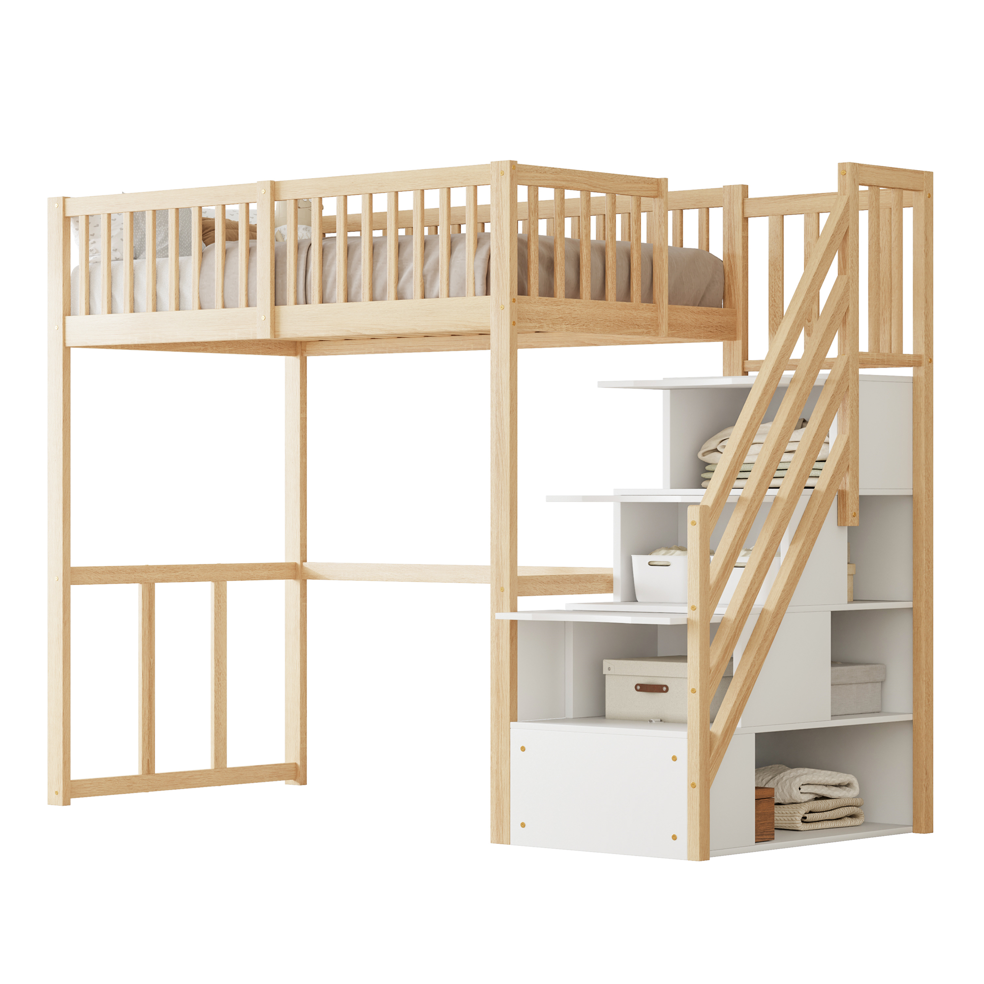 Hochbett 90x200 cm turva-aidoilla ja säilytystreppuilla valkoisen puinen mänty