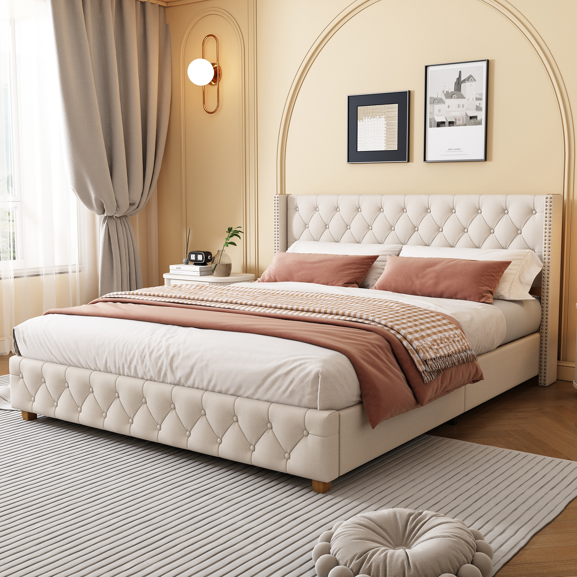 Verhoiltu Sänky 140 x 190 cm, Beige Pellava, Napit + Puiset Jalat