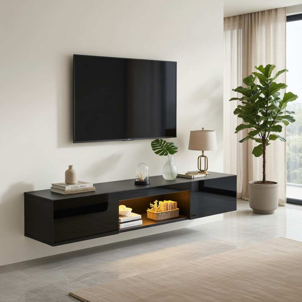 TV-taso seinäkiinnityksellä 160x31x22 cm musta MDF säilytyksellä ja LED-valaistuksella