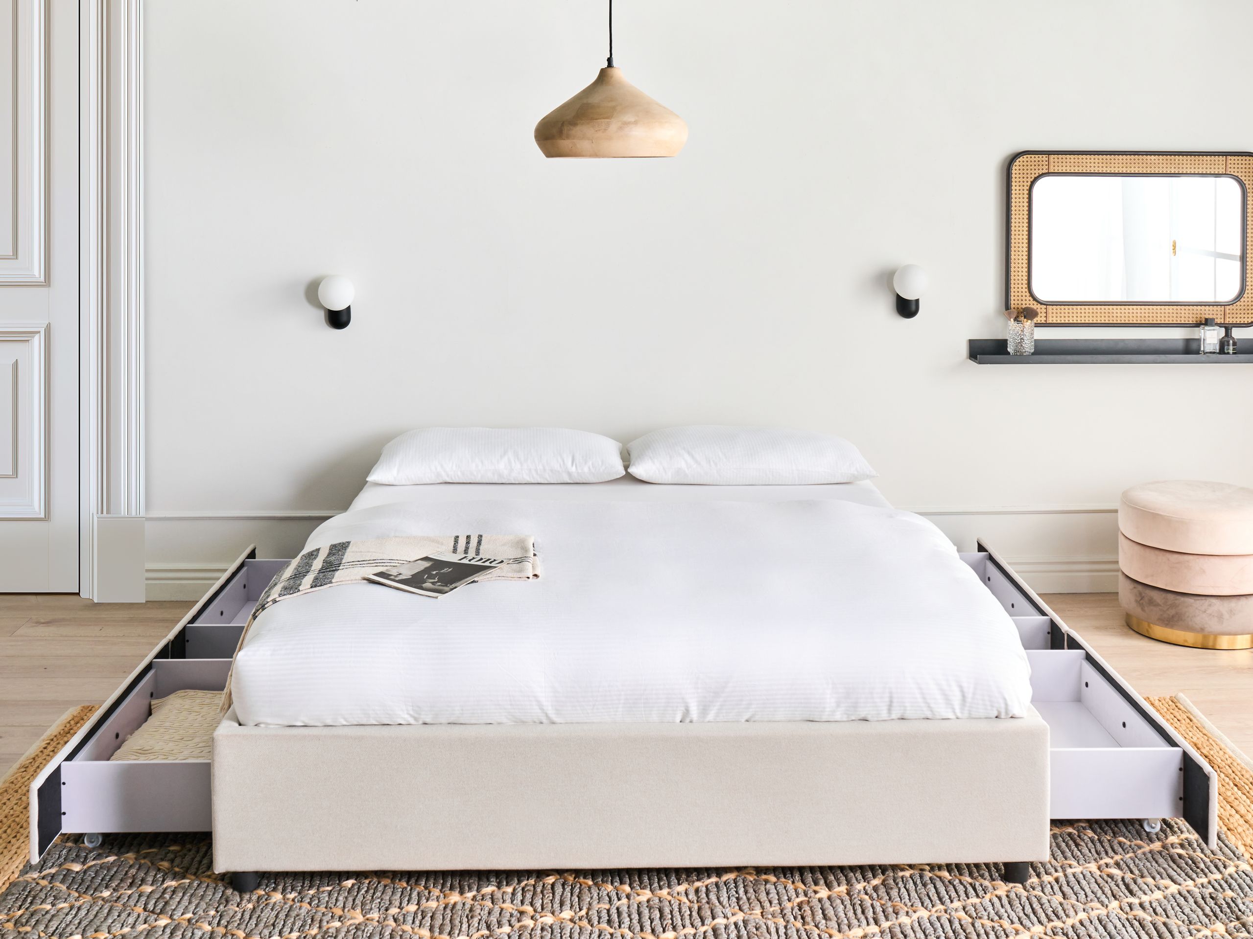 Sänky säilytyslaatikoilla ilman sängynpäätyä kangas PRADES 160 x 200 cm Vaaleanbeige