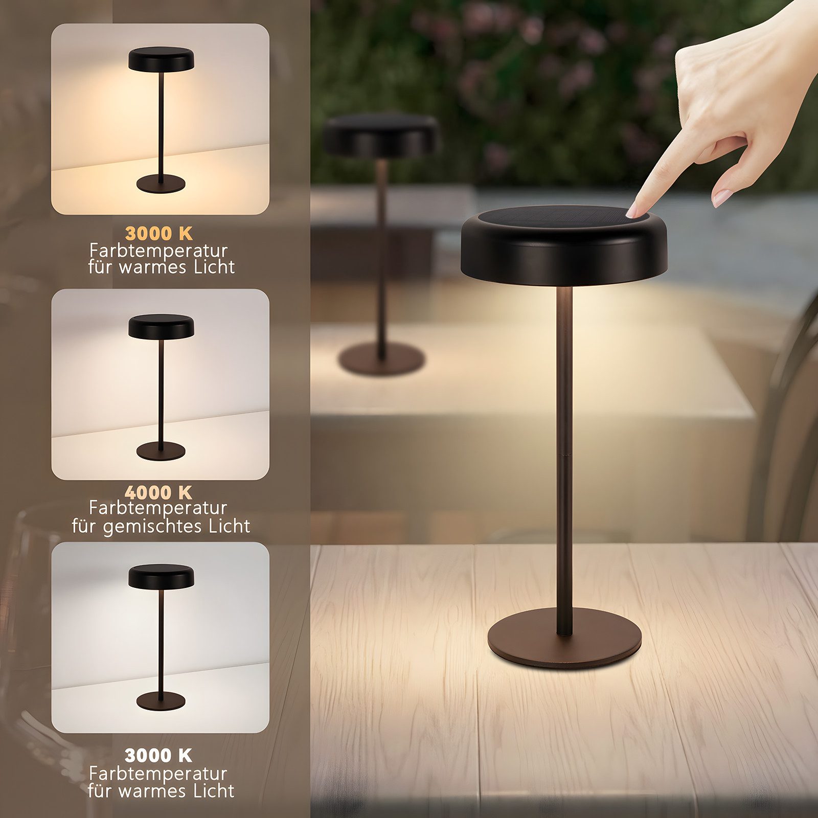 NETTLIFE aurinkokennolla toimiva LED-pöytävalaisin langaton ladattava kosketusnäyttö himmennettävä musta 3600mhA USB-akulla