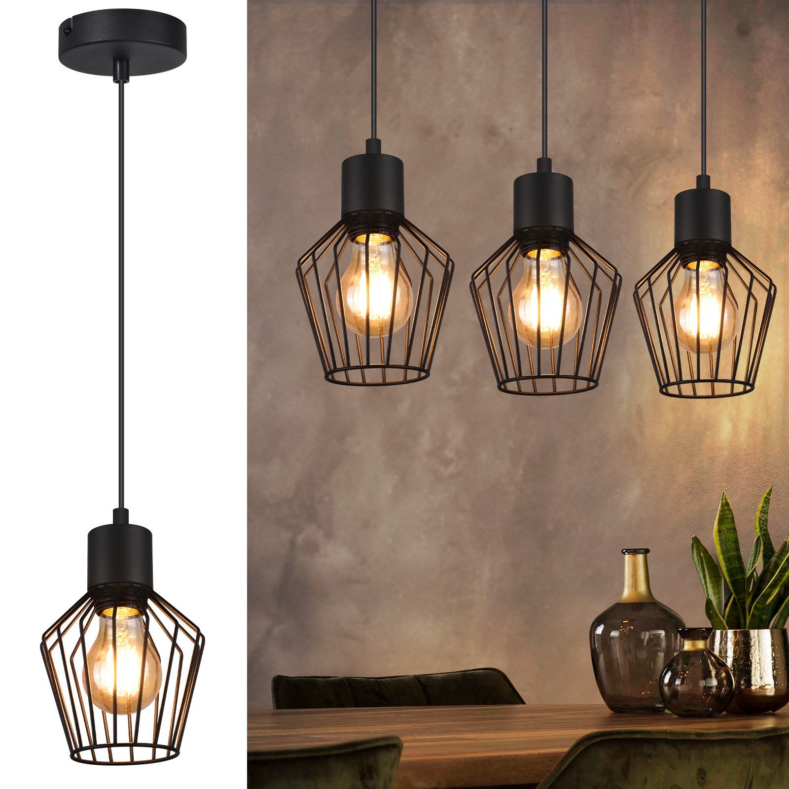 NETTLIFE Ruokapöydän riippuvalaisin, musta, E27, 1 liekki, metalli