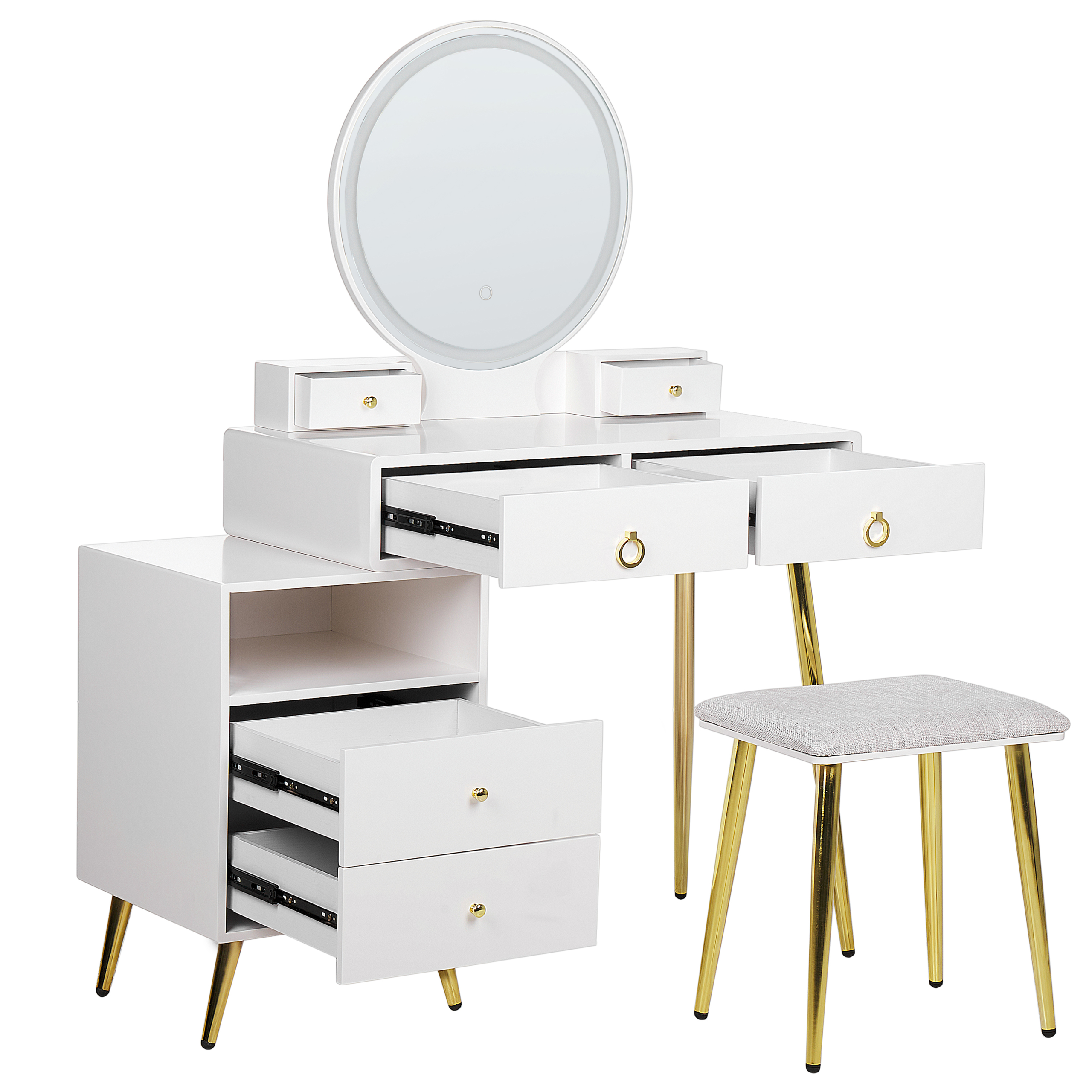 Kampauspöytä peilillä ja jakkaralla YVES LED-valo Valkoinen