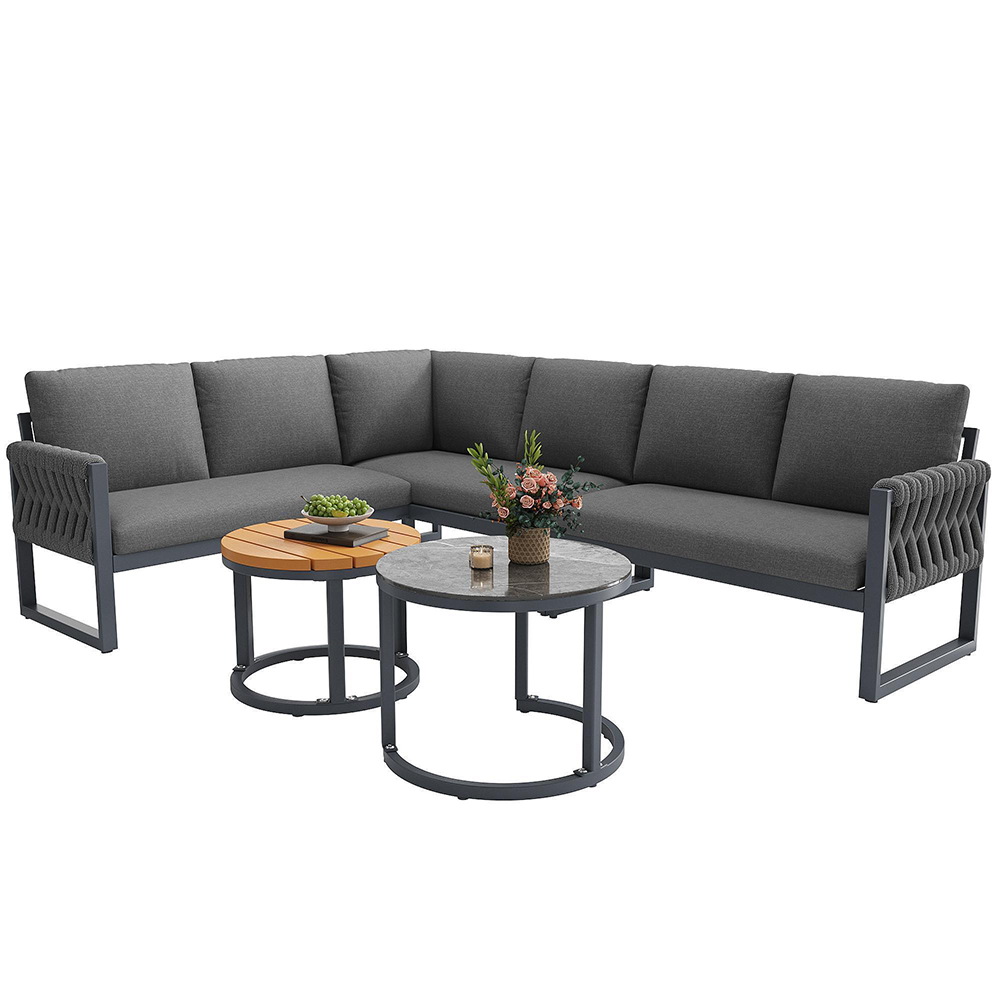 Puutarhakalustesetti 5-6 henkilölle harmaalla värillä, sisältyy kaikki istuin- ja selkätyynyt