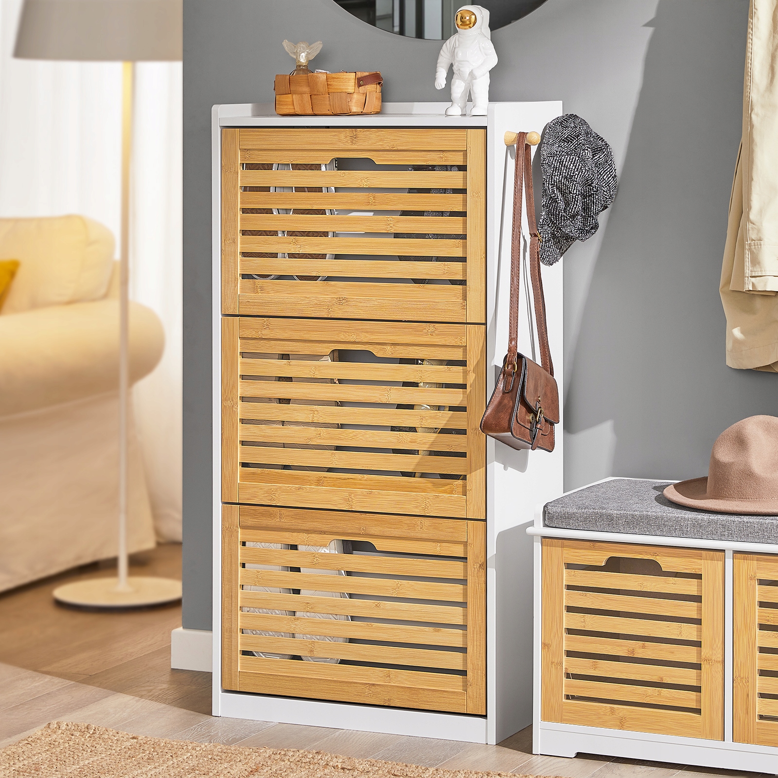 SoBuy 3-ovinen puukuituporttisäilytin FSR108-WN ekologinen