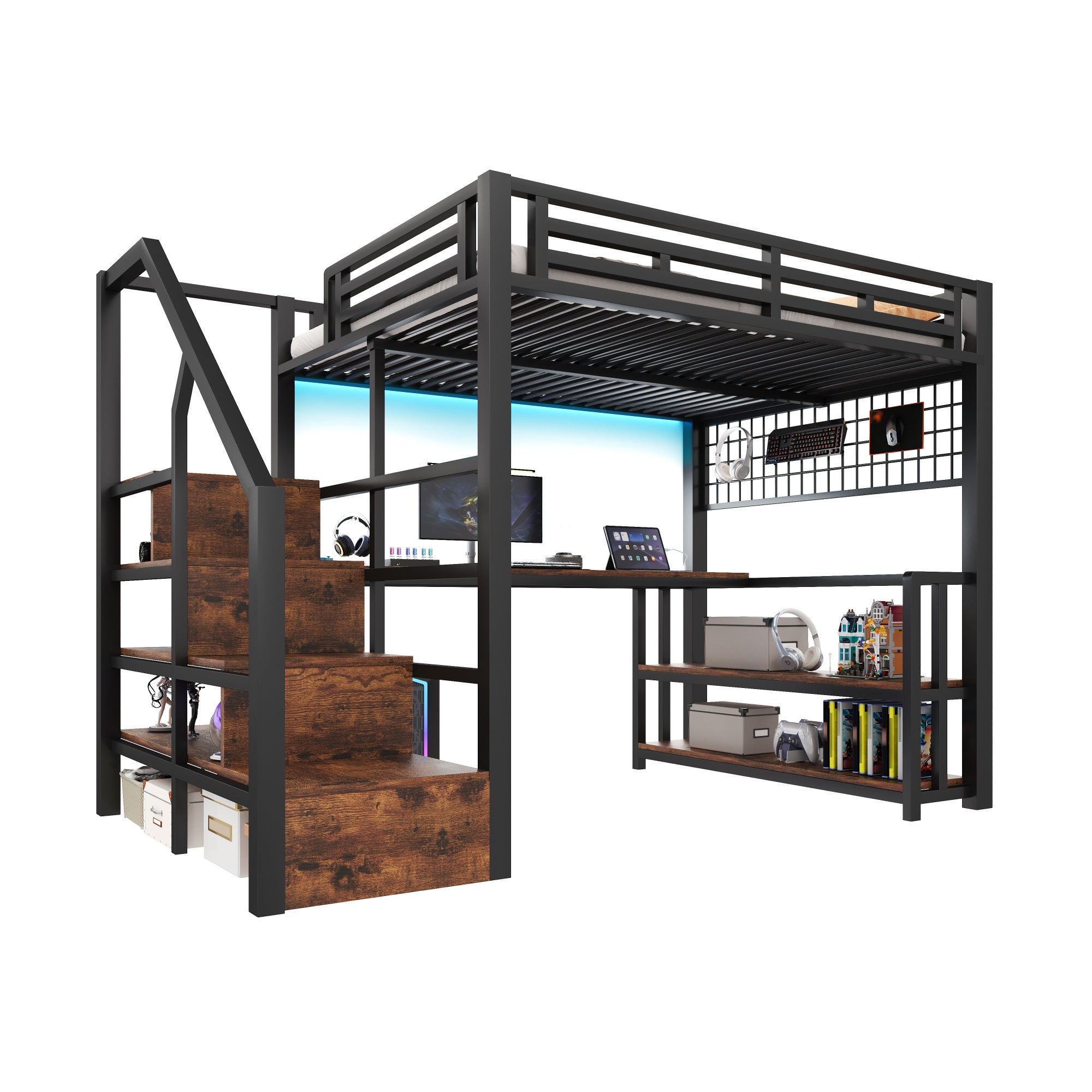 Loft-sänky, 140x200 cm, metalli, hyllyt, LED, työpöytä, USB, Type-C, musta