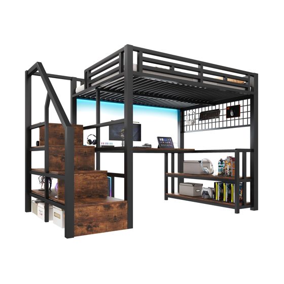 Loft-sänky, 140x200 cm, metalli, hyllyt, LED, työpöytä, USB, Type-C, musta