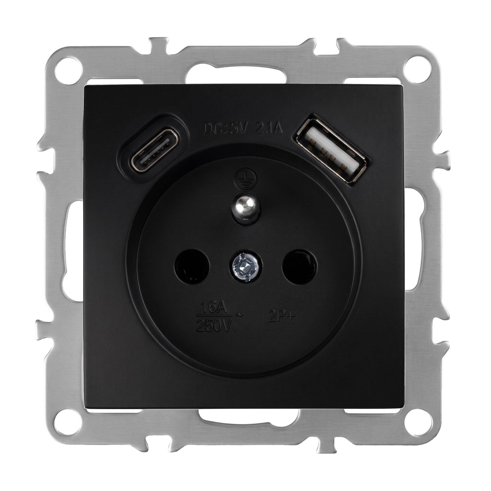 Toolight Yksiosainen maadoitettu pistorasia OSTE JNH004-G +USB-A, USB-C Musta 4, 8x7, 4x7, 4cm