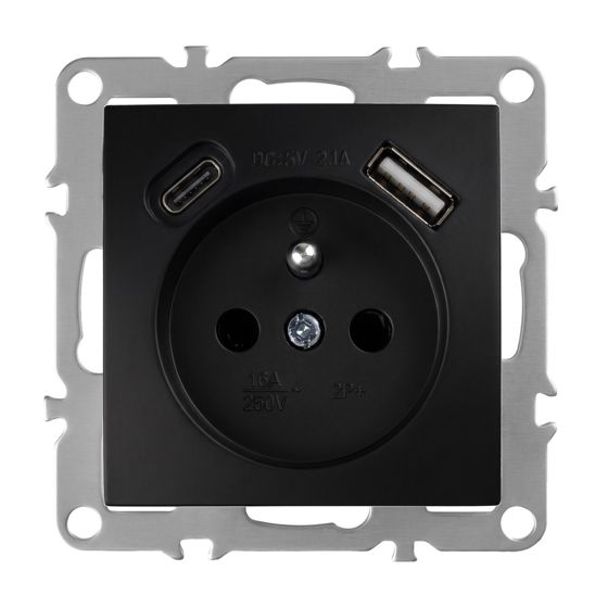 Toolight Yksiosainen maadoitettu pistorasia OSTE JNH004-G +USB-A, USB-C Musta 4, 8x7, 4x7, 4cm