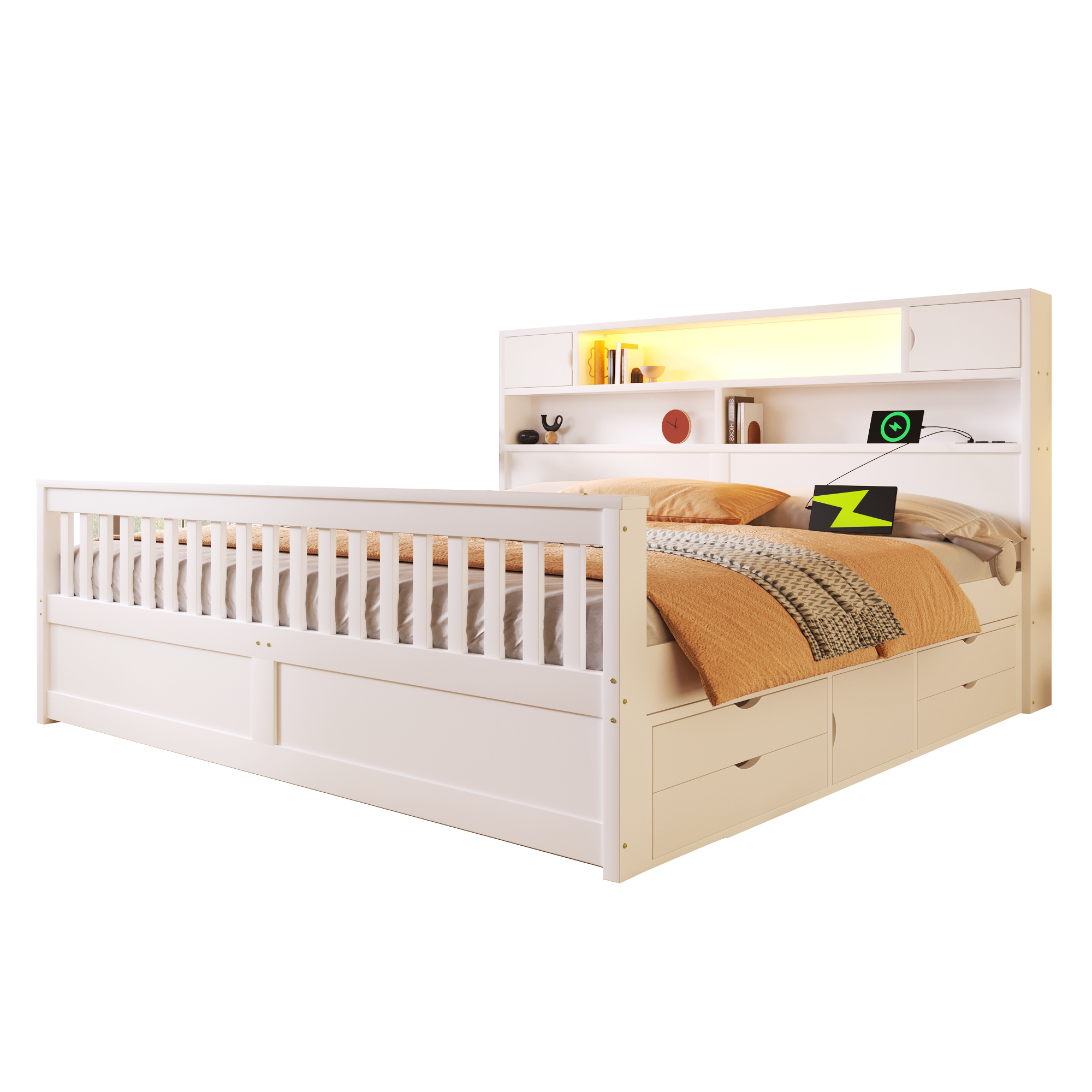 sänky 180x200 cm säilytystila laatikot LED-valaistus valkoinen MDF ja vaneri