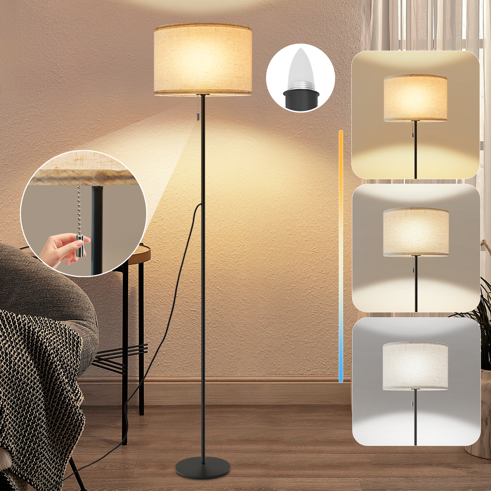 NETTLIFE Himmennettävä LED - lattiavalaisin Retro Kangasvarjostin Olohuoneeseen Vetokytkimellä