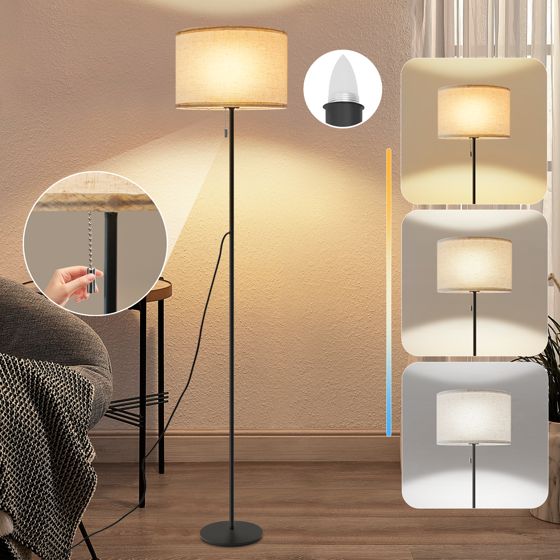 NETTLIFE Himmennettävä LED - lattiavalaisin Retro Kangasvarjostin Olohuoneeseen Vetokytkimellä