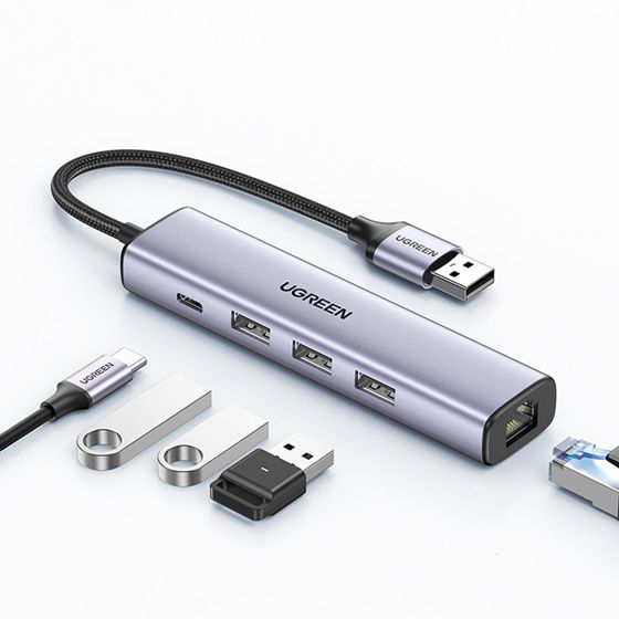 Monitoiminen keskittimen adapterijakaja USB 3.0 - 3x USB Ethernet RJ-45 USB-C PD harmaa