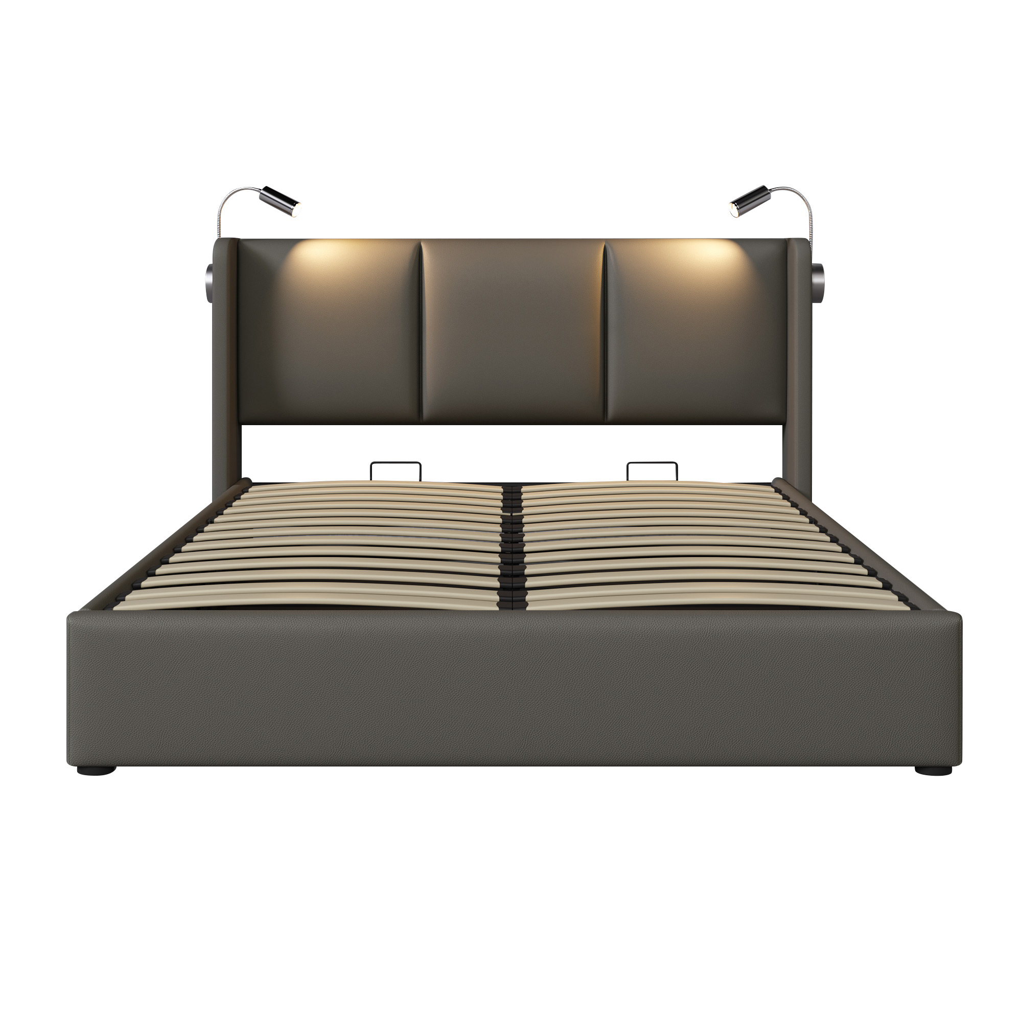 sänky 160x200 cm säilytystila LED-valaistus ja ladattava USB-portti harmaa PU