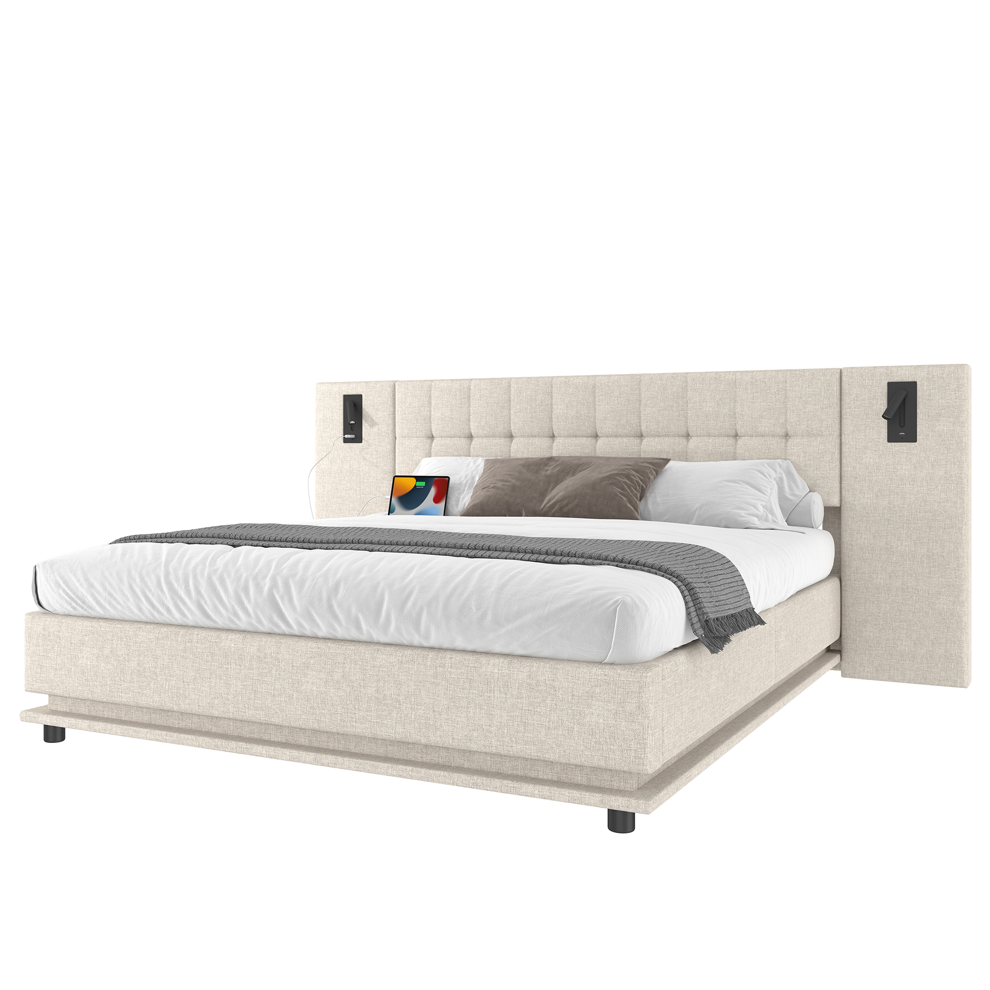 sänky 180x200 cm LED-valaistus ja spot-kopfteil, beige, kangas