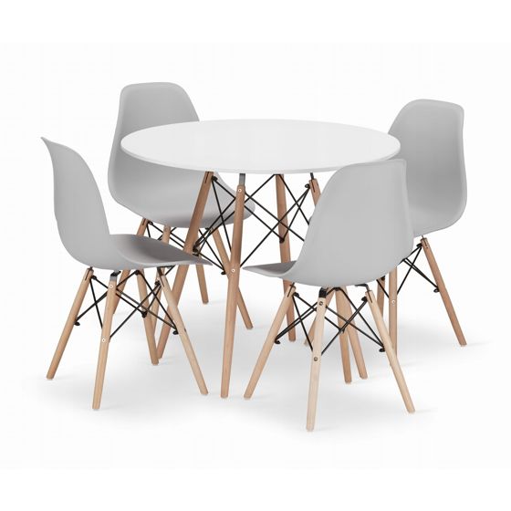 Pyöreä pöytä TODI 90, 4 OSAKA-tuolia, harmaa-valkoinen setti