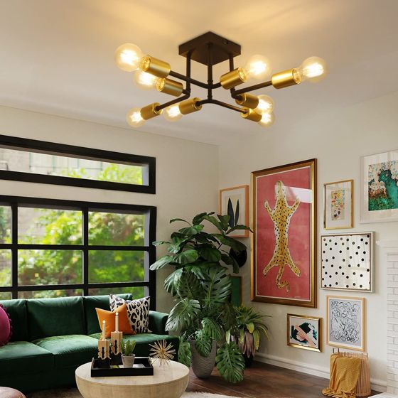 NETTLIFE - kattovalaisin, 48,5 * 48 * 16cm E27Vintage - metalliteollisuusvalaisin, 8 lampulla, musta ja Kulta, makuuhuoneeseen, max. 25W