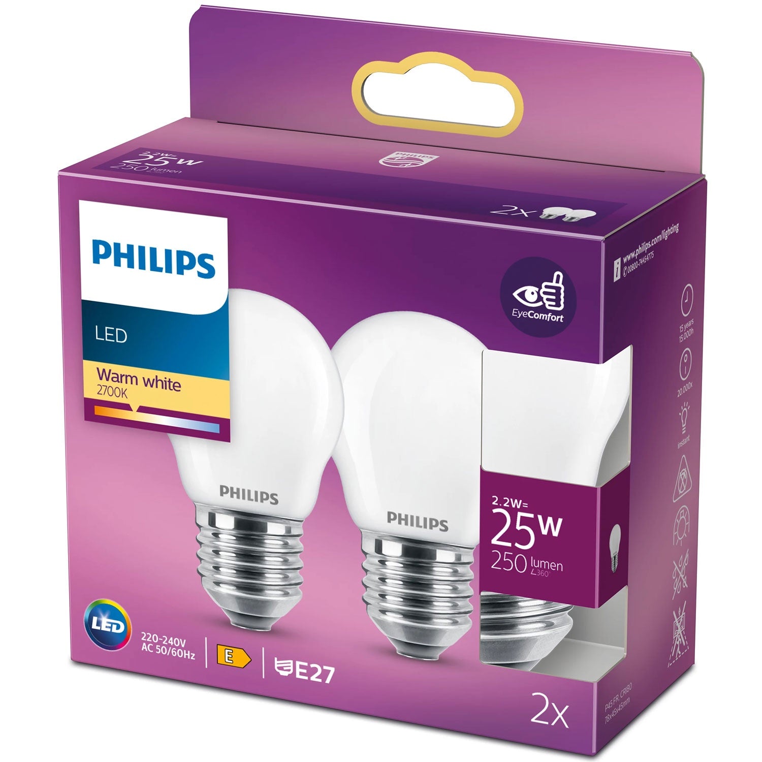 2 kpl LED E27 P45 Globe 25W Frost 250lm