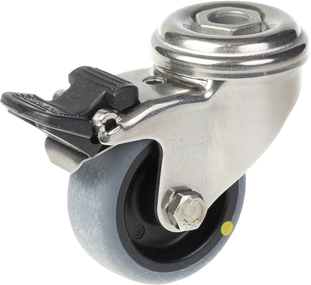 50 mm:n ruostumattomasta teräksestä valmistettu kääntyvä/jarrullinen pyörä, jossa on harmaa sähköä johtava lämpö.