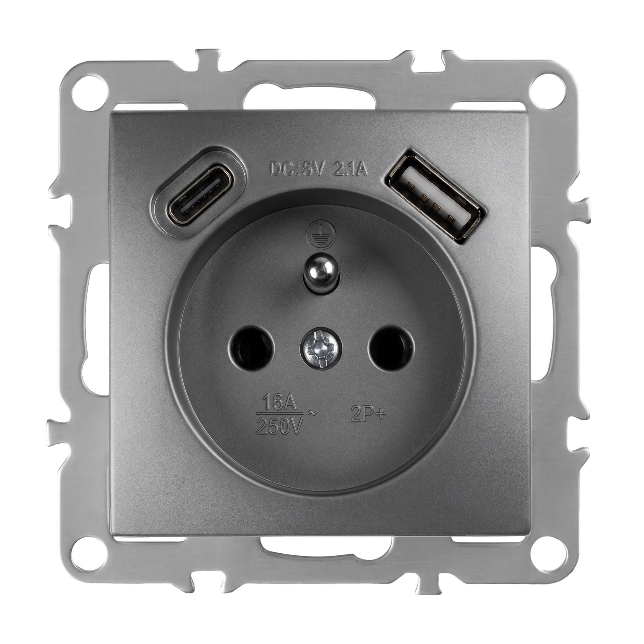 Toolight Yksiosainen maadoitettu pistorasia OSTE JNH004-G +USB-A, USB-C Harmaa 4, 8x7, 4x7, 4cm