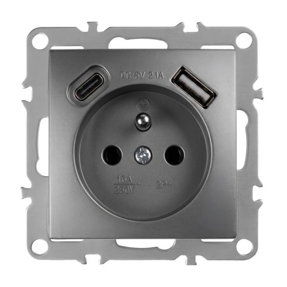 Toolight Yksiosainen maadoitettu pistorasia OSTE JNH004-G +USB-A, USB-C Harmaa 4, 8x7, 4x7, 4cm