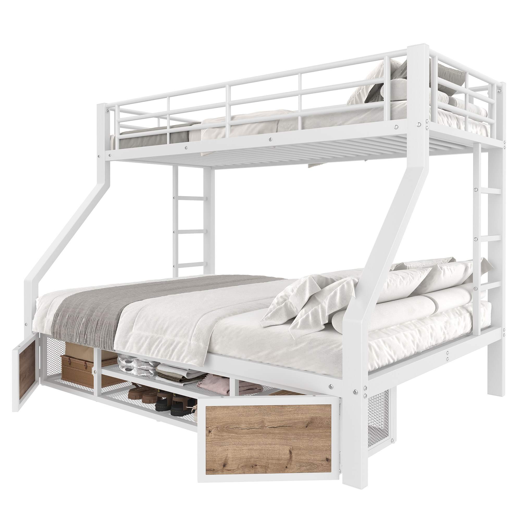 Etagenbett 90x200 cm ja 140x200 cm turva-aidat säilytystila laatikot valkoinen metalli ja MDF