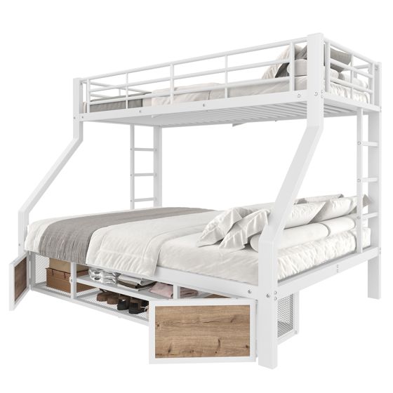 Etagenbett 90x200 cm ja 140x200 cm turva-aidat säilytystila laatikot valkoinen metalli ja MDF