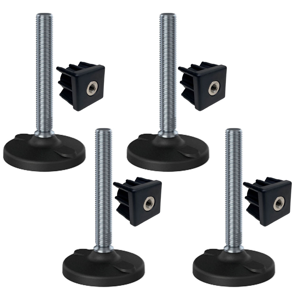 Ruostumaton teräsjalka M20x150, 100 mm:n muovialusta rei'illä + kiinnike 40x40x2 mm – 4 kpl:n sarja