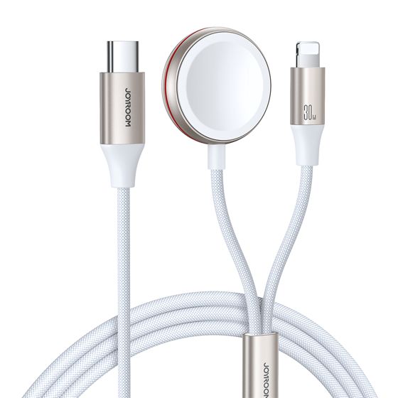 2in1 Lightning-kaapeli iPhonelle ja langaton laturi Apple Watchille USB-C 1.5m valkoinen