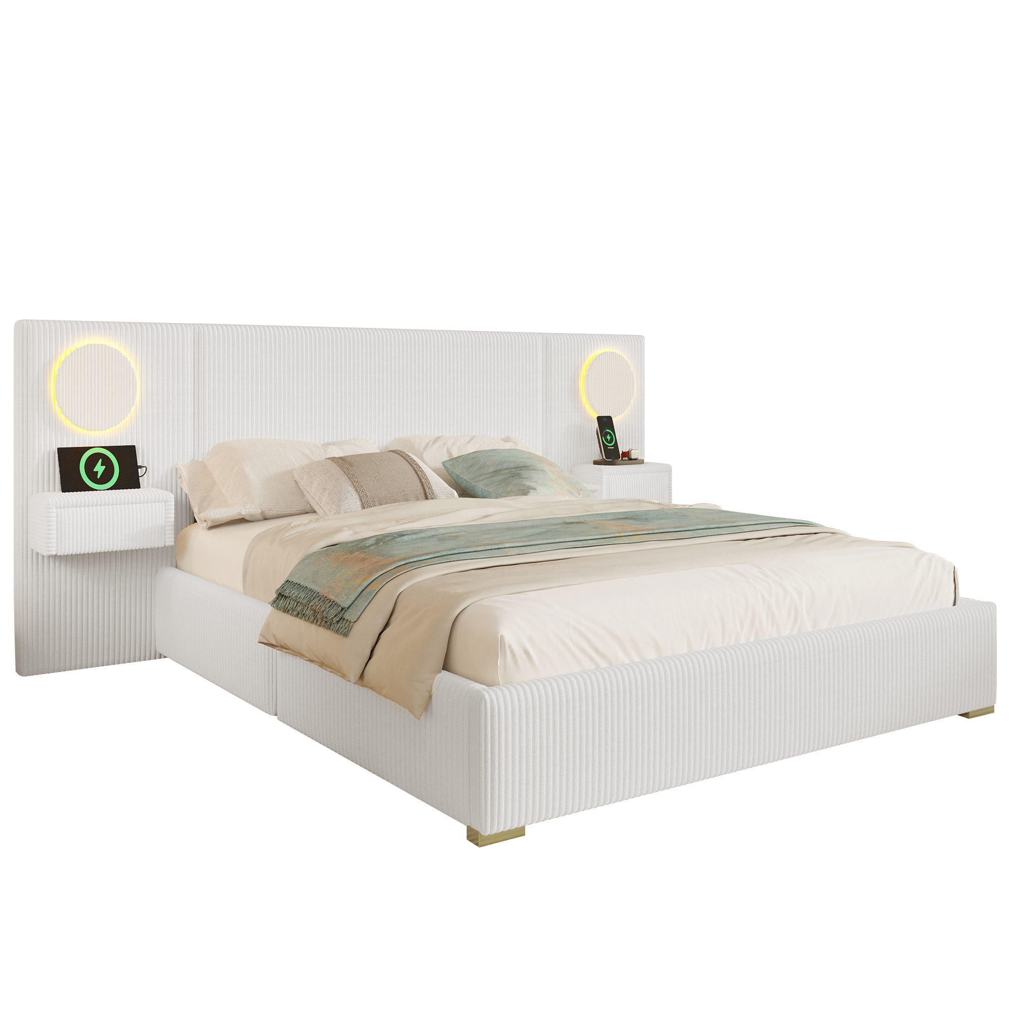 sänky 180x200 cm led-kopfteil usb-liitännät laatikot beige sametti