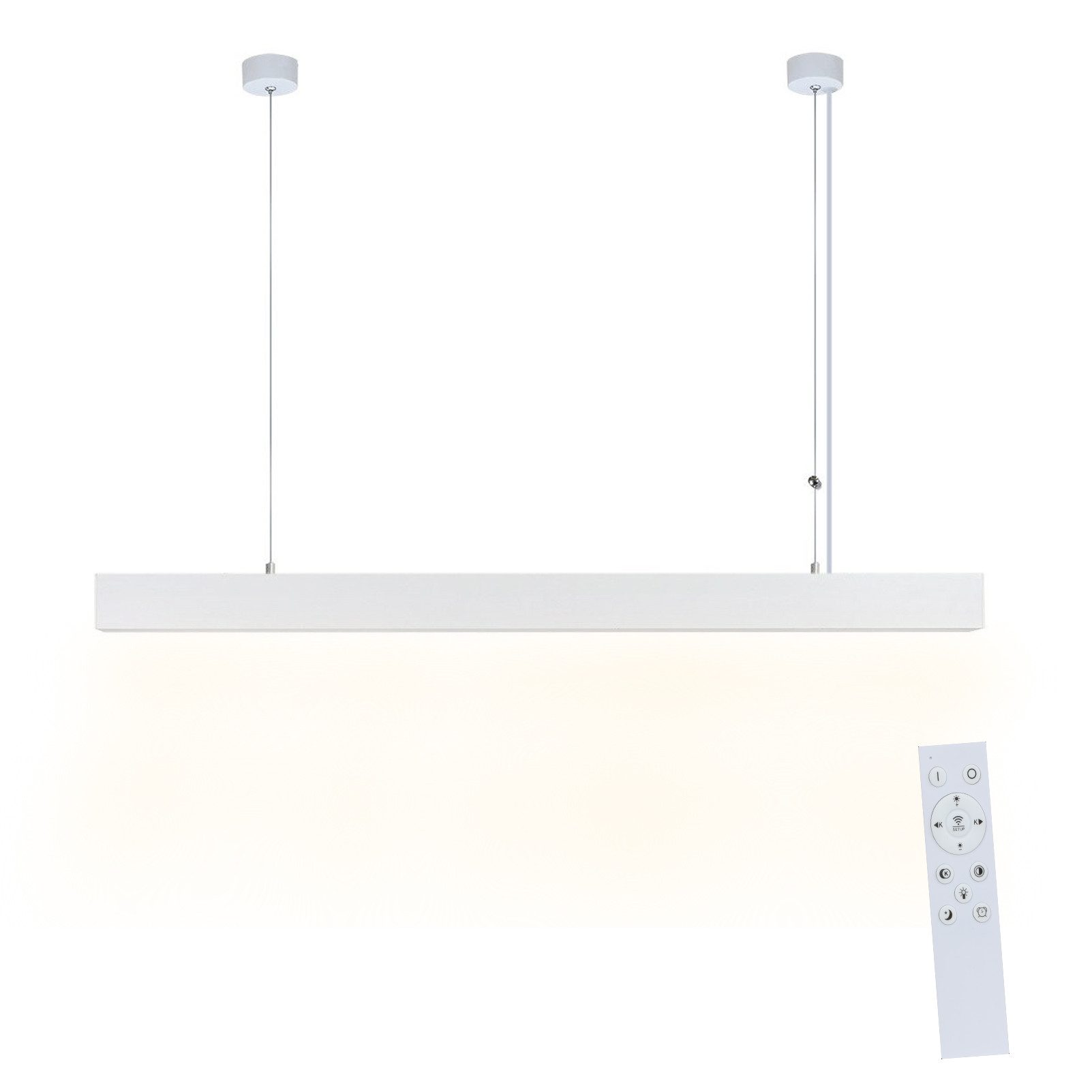 NETTLIFE moderni valkoinen LED-riippuvalaisin, halkaisija 107 cm, alumiini, 32 W, himmennettävä, kaukosäätimellä, pitkä lineaarinen muotoilu