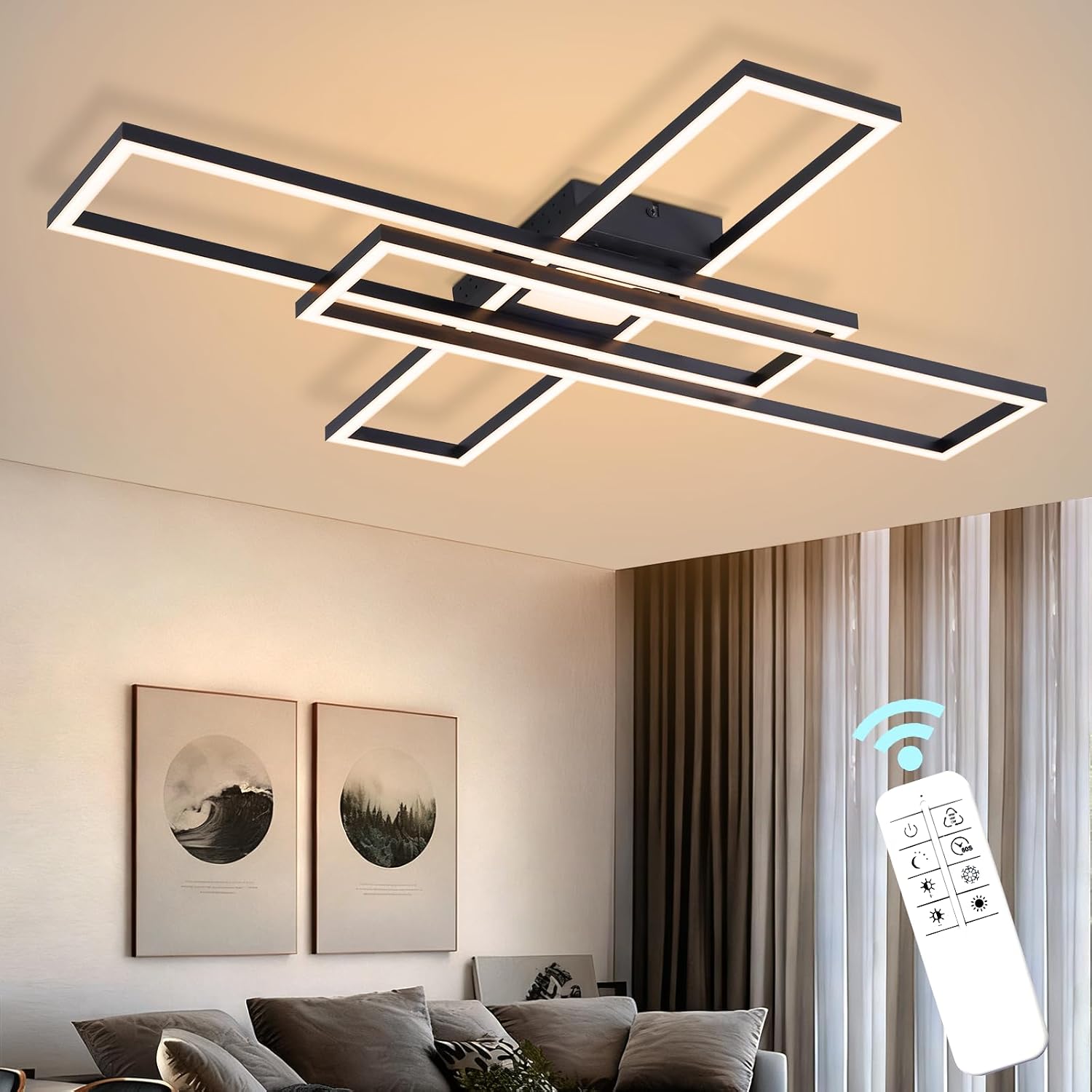 NETTLIFE LED-kattovalaisin, moderni musta, olohuone, 56W/42W, himmennettävä, suorakaiteen muotoinen muotoilu